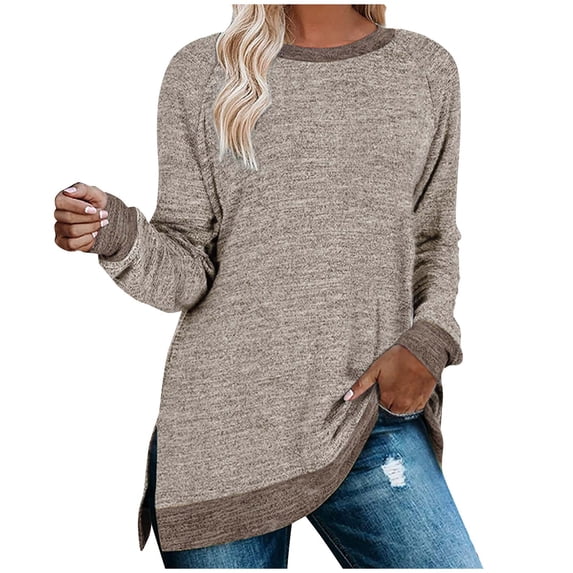 Tumotour Pullover Sweatshirts For Women Long Sleeve Crew Neck Tunic Tops Casual Splice Color Block Side Slit Stretchy Loose Fit Sweatshirt