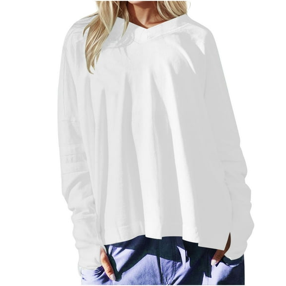 Tumotour Fall Shirts for Women, Womens Solid Long Sleeve Tunic Tops Casual Motion V Neck Pullover Oversized Blouse Shirts With Thumb Holes Tops Outwear Streetwear 2024
