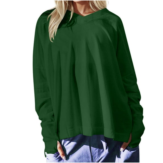 Tumotour Pullover Sweatshirts For Women V-Neck Long Sleeves Tops With Thumb Holes Casual Solid Color Loose Tee Shirts Y2K Outfits Sweatshirts
