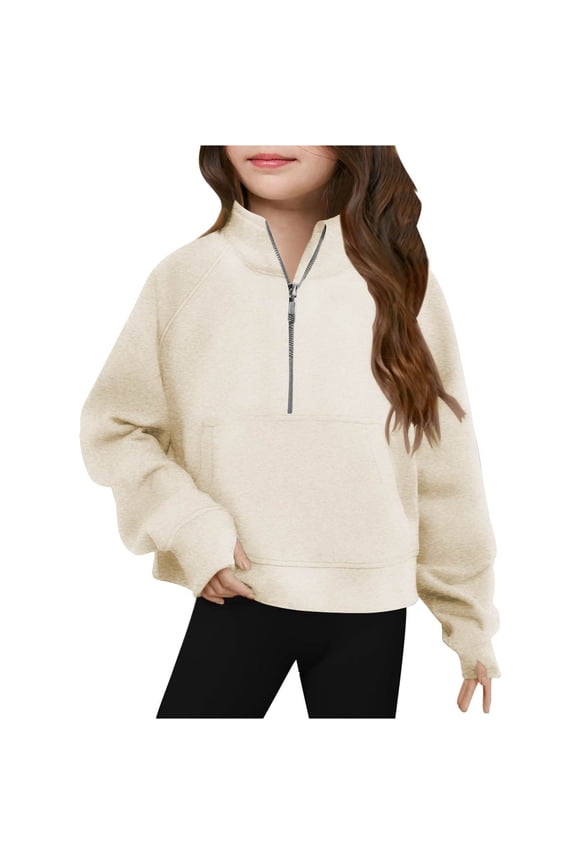 Pullover Sweatshirts For Girls Half Zip Long Sleeve Crew Neck Thumb Hole Kangaroo Pocket Drop Shoulder Tunic Tops Casual Solid Color Loose Fit Lightweight Kids Cute Sweatshirts
