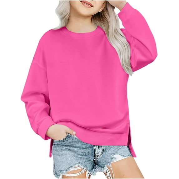 Tumotour Pullover Sweatshirts For Girls Long Sleeve Crew Neck Side Slit Short Front Long Back Hem Drop Shoulder Tunic Tops Casual Solid Color Loose Fit Lightweight Kids Cute Sweatshirts