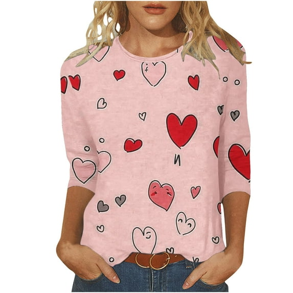 Tumotour Pullover Sweatshirts For Women 2025 Trendy Crew Neck 3/4 Sleeve Valentine'S Day Printed Tops Casual Cute Tunic Tops Tees Blouses Loose Pullover Tops
