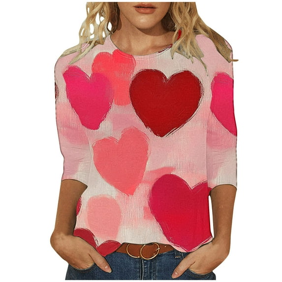 Tumotour Pullover Sweatshirts For Women Crew Neck 3/4 Sleeve Valentine'S Day Printed Tops Casual Cute Tunic Tops Tees Blouses Loose Pullover Tops