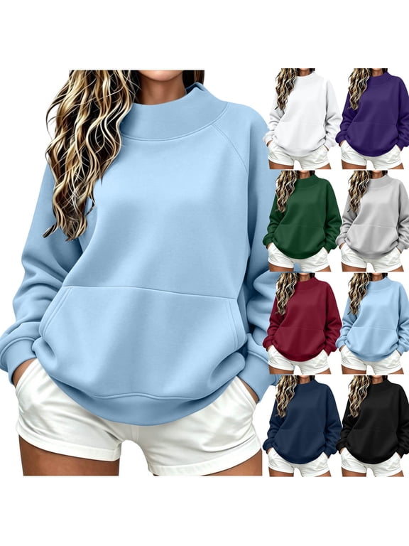Pullover Sweatshirts for Women's High Neck Oversized Sport Hoodless Long Sleeve Tops Stand Collar Fall Tunic Blouses
