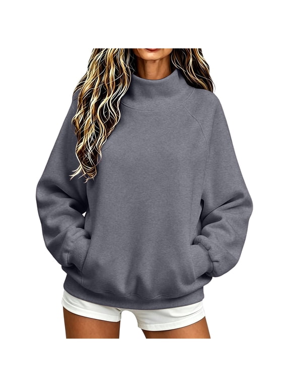 Pullover Sweatshirts for Women's High Neck Oversized Sport Hoodless Long Sleeve Tops Stand Collar Fall Tunic Blouses