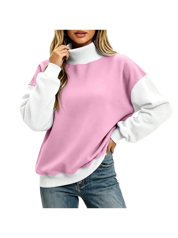 Pullover Sweatshirts for Women's Split Stand Collar Color Block Oversized Sport Hoodless Long Sleeve Tops High Neck Fall Tunic Blouses