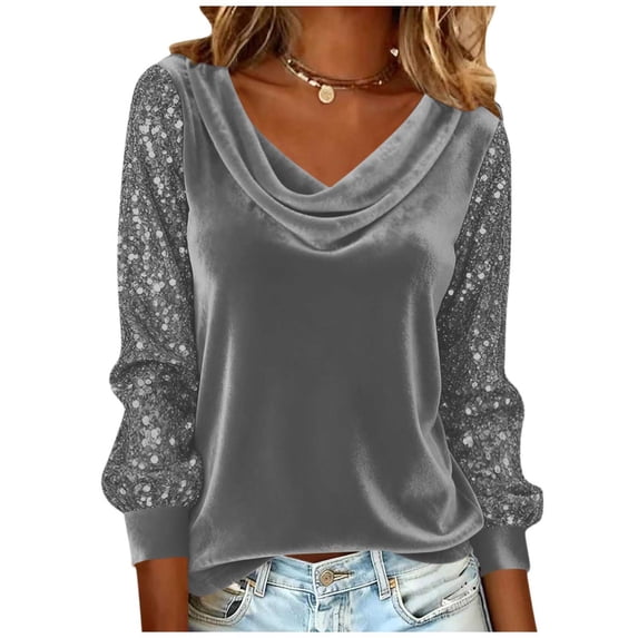 Tumotour Pullover Tops for Women's Sequin Patchwork Long Sleeve V-Neck Velour Blouses Fall Tunic Shirt