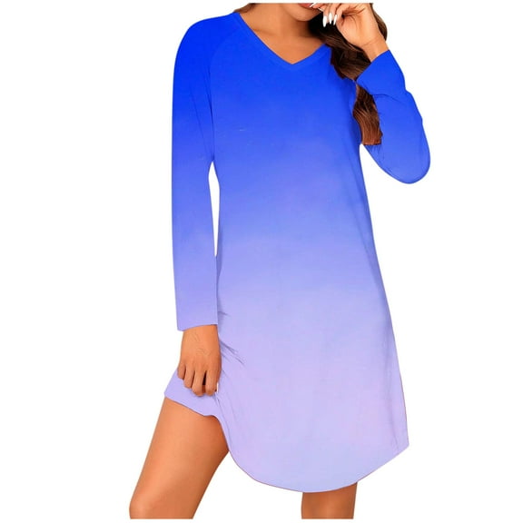 Tumotour Pullover Tunic Dress For Women Mini Fall Nightdress V-Neck Housecoat Long Sleeve Nightgown With Pockets