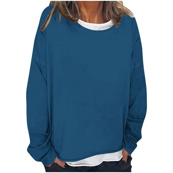 Tumotour Pullover for Women False Two Piece Crew Neck Long Sleeve T Shirts Casual Loose Top 2025 Lightweight Sweatshirts Blouse Tops