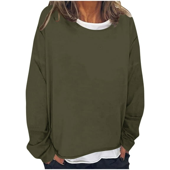 Tumotour Pullover for Women False Two Piece Crew Neck Long Sleeve T Shirts Casual Loose Top 2025 Lightweight Sweatshirts Blouse Tops