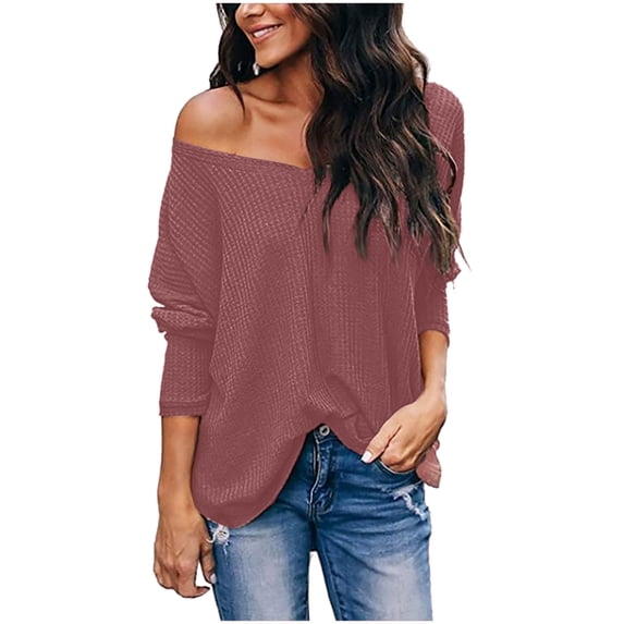 Tumotour Pullover for Women V-Neck Long Sleeve With Off The Shoulder Casual Loose Top 2025 Sweatshirts Blouse Tops