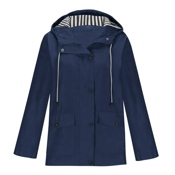 Tumotour Raincoat Hoodie For Women Lightweight Waterproof Long Sleeve Crew Neck Hooded Jacket Solid Color Windbreaker Outdoor Hooded Trench Coats