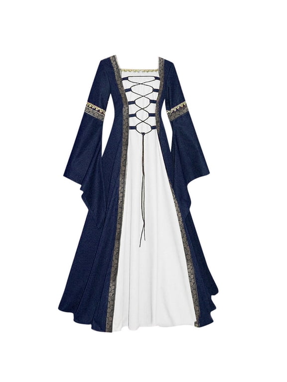 Renaissance Dress for Women Plus Size Gothic Court Style Color Block Long Dress Flared Long Sleeve Lace Up A-Line Tunic Dress