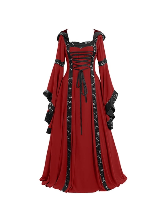 Renaissance Dress for Women's Gothic Court Style Maxi Dress Square Neck Long Flared Sleeve Flowy Pleated Plus Size A-Line Tunic Dress