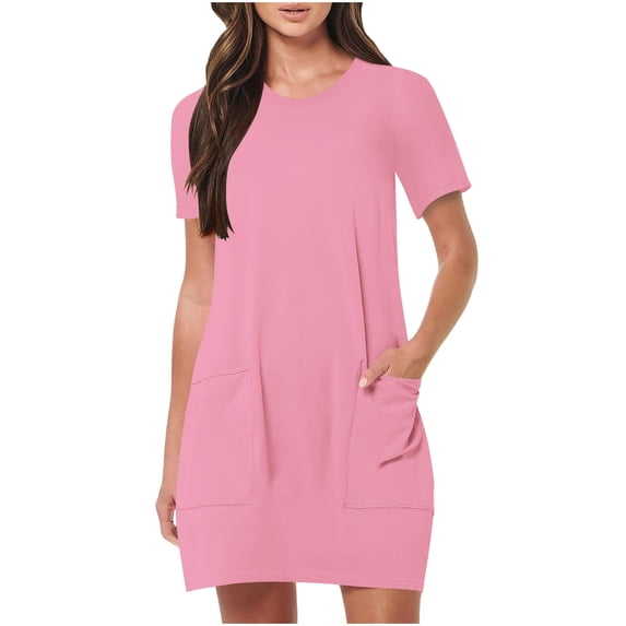 Tumotour Shirt Dress for Women Mini Dress Women Fashion Summer Solid Color Short Sleeve Round Neck Pocket Dress