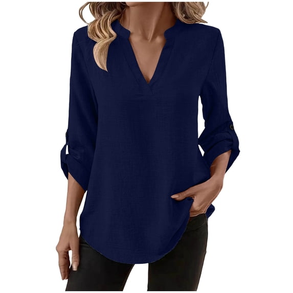 Tumotour Summer Linen Shirts For Women'S V-Neck Rolled 3/4 Sleeve Going Out Tops Solid Color Curved Hem Office Work Button-Up Shirt