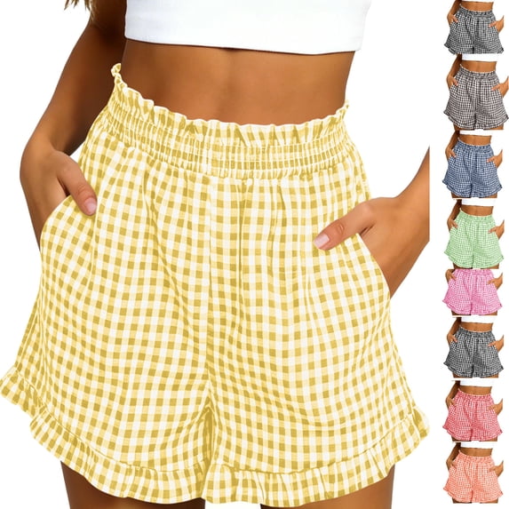 Tumotour Summer Board Shorts for Women'S Ruffled High Waist Plaid Athletic Workout Shorts Wide-Leg Pants Side Pockets