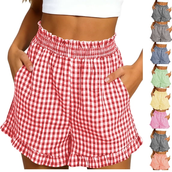 Tumotour Summer Board Shorts for Women'S Ruffled High Waist Plaid Athletic Workout Shorts Wide-Leg Pants Side Pockets
