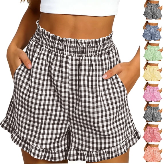 Tumotour Summer Board Shorts for Women'S Ruffled High Waist Plaid Athletic Workout Shorts Wide-Leg Pants Side Pockets