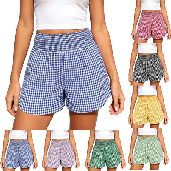Tumotour Plus Size Summer Board Shorts for Women's High Waist Elastic Wide Leg Jogging Shorts Casual Plaid Beach Shorts with Pocket