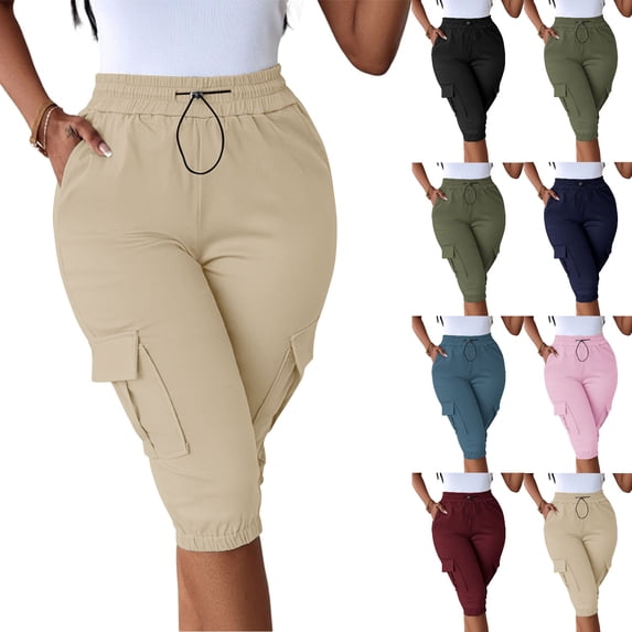 Tumotour Summer Cargo Shorts For Women'S Casual Straight-Leg Shorts Elastic High Waisted Drawstring Knee Length Bermuda Shorts With Flap Pockets