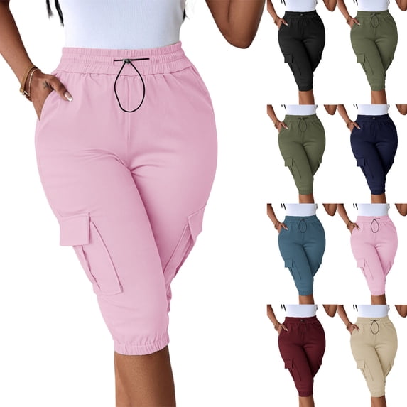 Tumotour Summer Cargo Shorts For Women'S Casual Straight-Leg Shorts Elastic High Waisted Drawstring Knee Length Bermuda Shorts With Flap Pockets