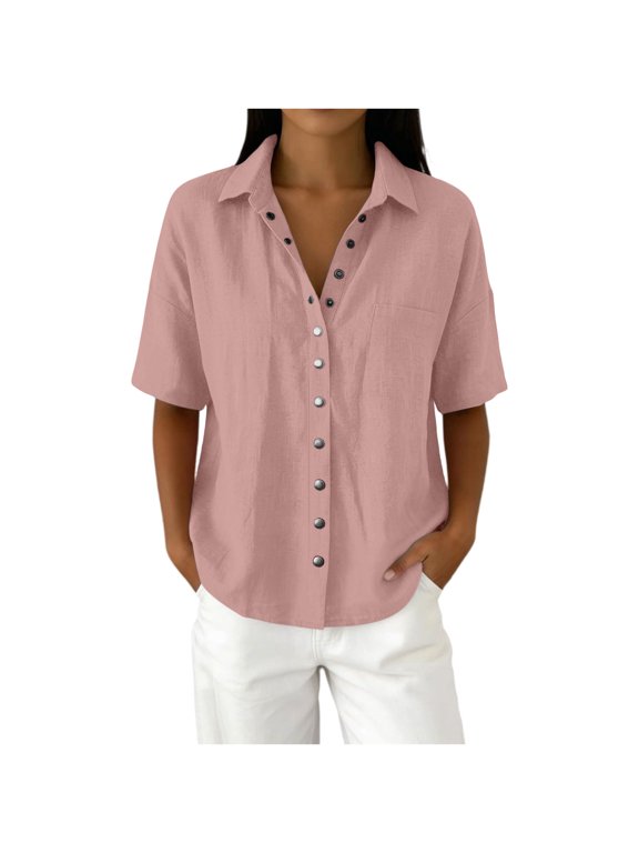 Summer Cotton Linen Shirt For Women'S Flared Open Front Button Down Shirts Short Sleeve Button-Up V-Neck Pocket Business Blouses