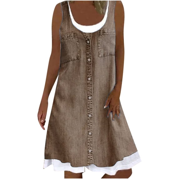 Tumotour Summer Denim Shirt Dresses For Womens Sleeveless Floral Printing Fake Two-Piece Jean Midi Dress Casual Loose Button Denim Dress