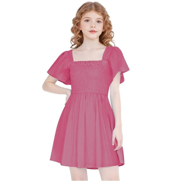Tumotour Summer Dress For Teeens Ruffle Short Sleeve Smocked Summer Dress Kids Square Neck A Line Flowy Mini Dresses