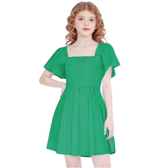 Tumotour Summer Dress For Teeens Ruffle Short Sleeve Smocked Summer Dress Kids Square Neck A Line Flowy Mini Dresses