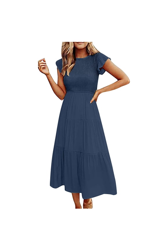 Summer Dress For Women 2025 Mid Length Flying Sleeves Round Neck High Waist Smocked A-Line Flowy Loose Midi Dress