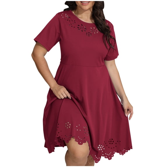 Tumotour Summer Dress For Women 2025 Resort Round Neck Short Sleeve Hollow Out Lace Ruffle Casual Beach Mini Vacation Dress