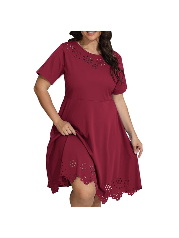Summer Dress For Women 2025 Resort Round Neck Short Sleeve Hollow Out Lace Ruffle Casual Beach Mini Vacation Dress