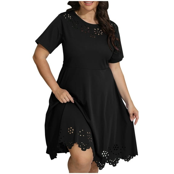 Tumotour Summer Dress For Women 2025 Resort Round Neck Short Sleeve Hollow Out Lace Ruffle Casual Beach Mini Vacation Dress
