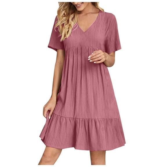 Tumotour Summer Dress For Women High Waist Dress Casual Loose V Neck Pleated Ruffles Elegant A-Line Flowy Spliced Summer Dresses