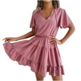 thumbnail image 1 of Tumotour Summer Dress for Women Homecoming Dresses Shirt Dress for Women Mini Dress Fashion Women's Summer Casual Slim V-shaped Short-sleeved Solid Color Dress, 1 of 8