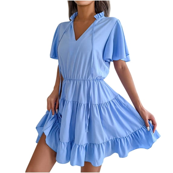 Tumotour Summer Dress for Women Homecoming Dresses Shirt Dress for Women Mini Dress Fashion Women's Summer Casual Slim V-shaped Short-sleeved Solid Color Dress