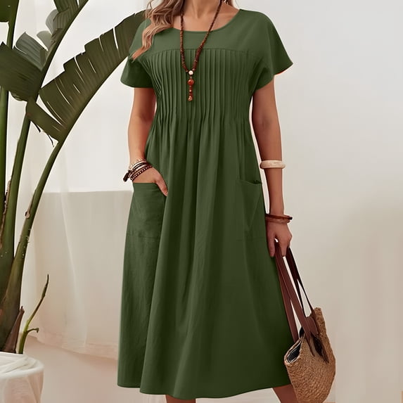 Tumotour Summer Dress for Women Crew Neck Mini Dress High Waist Pleated T-Shirt Dress Ruffled Short Sleeve Linen Dress With Pocket