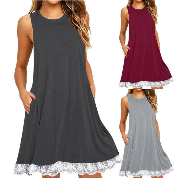 Tumotour Summer Dresses for Women Sleeveless High Waist Mini Dress Tank Sundress Round Neck Drawstring Casual Ruffle A-Line dress Tshirt Dress Flowy Beach Sundress
