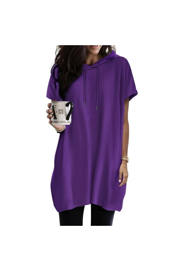 Summer Long Tunic Tops To Wear With Leggings For Womens Hooded Drawstring Round Neck Short Sleeve T-Shirt Loose Casual Work Top Blouse Shirt Loose Fit Oversized Tshirts Tunic Tops