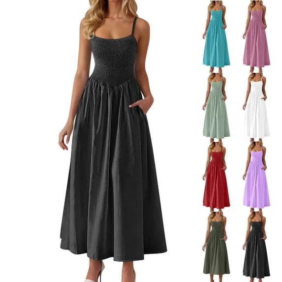 Tumotour Summer Maxi Dress For Women'S Solid Shoulder Strap A-Line Dress Beach Sundress Sleeveless Tunic T-Shirt Dress