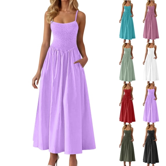 Tumotour Summer Maxi Dress For Women'S Solid Shoulder Strap A-Line Dress Beach Sundress Sleeveless Tunic T-Shirt Dress