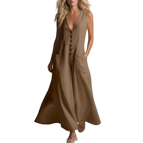 Tumotour Summer Maxi Dress For Women'S V-Neck Button Flowy A-Line Dress T-Shirt Long Dress Buttoned Beach Sleeveless Sundress