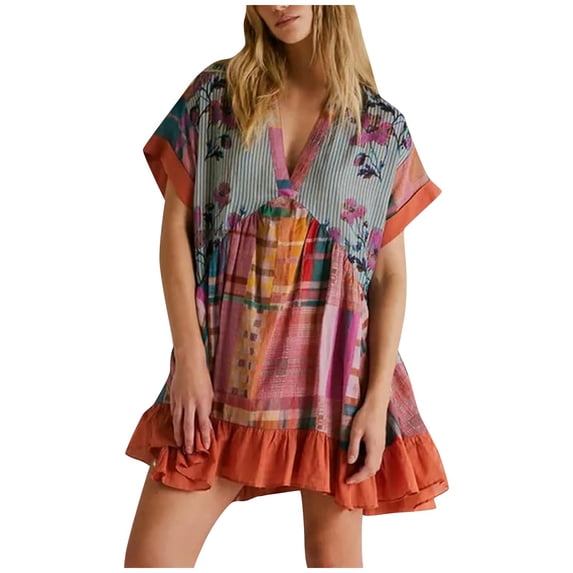 Tumotour Summer Mini T-Shirt Dress For Women'S Printed A-Line Dress With Pocket Short Sleeve V-Neck Beach Sundress