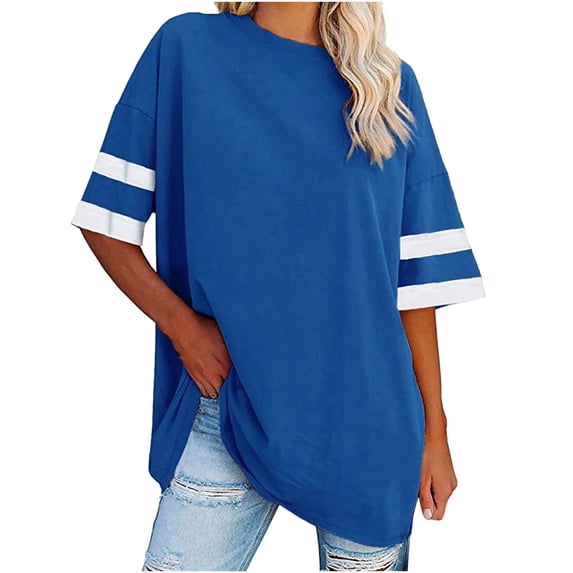 Tumotour Summer Oversized T-Shirts For Womens Top Loose Stripe Half Sleeve Tees Crew Neck Color Block Cotton Tunic Tops Plus Gym Workout Top