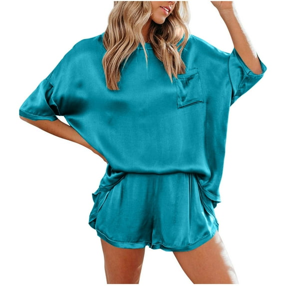 Tumotour Summer Pajama Sets For Women Two Piece Set Casual Solid Color Satin Silky Pajama Set Short Sleeve T-Shirt With Shorts Set Pajama Loungewear
