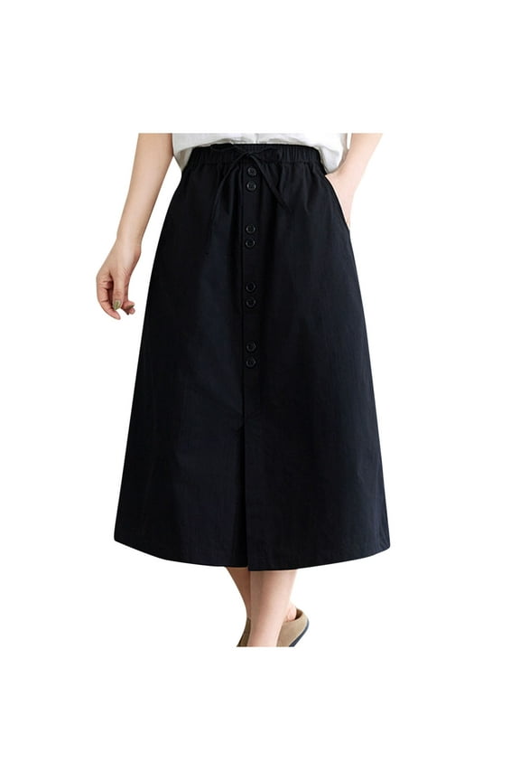 Summer Skirt For Women A Line Loose Flowy Long Skirt Casual Drawstring High Waist Button Down Slit Midi Skirts With Pockets