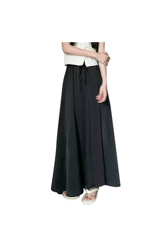 Summer Skirts For Women Casual Trendy A Line Long Satin Silk Maxi Pull On High Elastic Waist Drawstring Stretchy Skirt