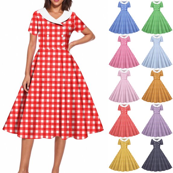 Tumotour Summer T-Shirt Dress for Women's Flowy Pleated A-Line Dress Lapel Short Sleeve Mid-Length Plaid Beach Sundress