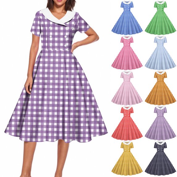Tumotour Summer T-Shirt Dress for Women's Flowy Pleated A-Line Dress Lapel Short Sleeve Mid-Length Plaid Beach Sundress